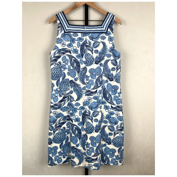 Talbots Textured Square Neck Dress 10 Coastal Pineapple Blue Sleeveless Cotton - Picture 6 of 10